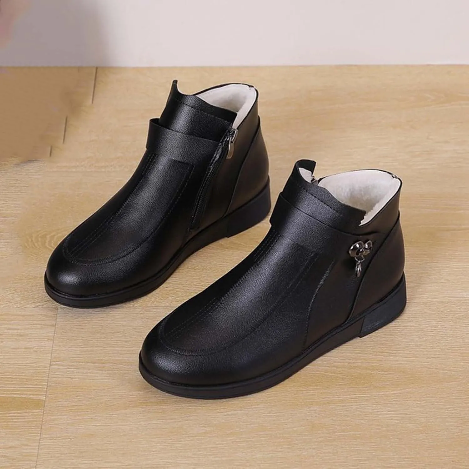 Ctreela Womens Winter Wedge Flat Heel Boots Thermal Warm Furry Lined Outdoor Shoes Fashion Slip on Faux Leather Ankle Bootie