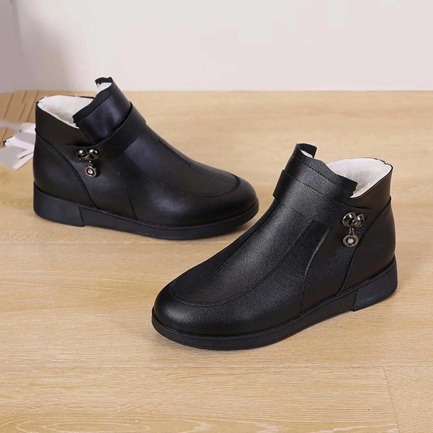 Ctreela Womens Winter Wedge Flat Heel Boots Thermal Warm Furry Lined Outdoor Shoes Fashion Slip on Faux Leather Ankle Bootie