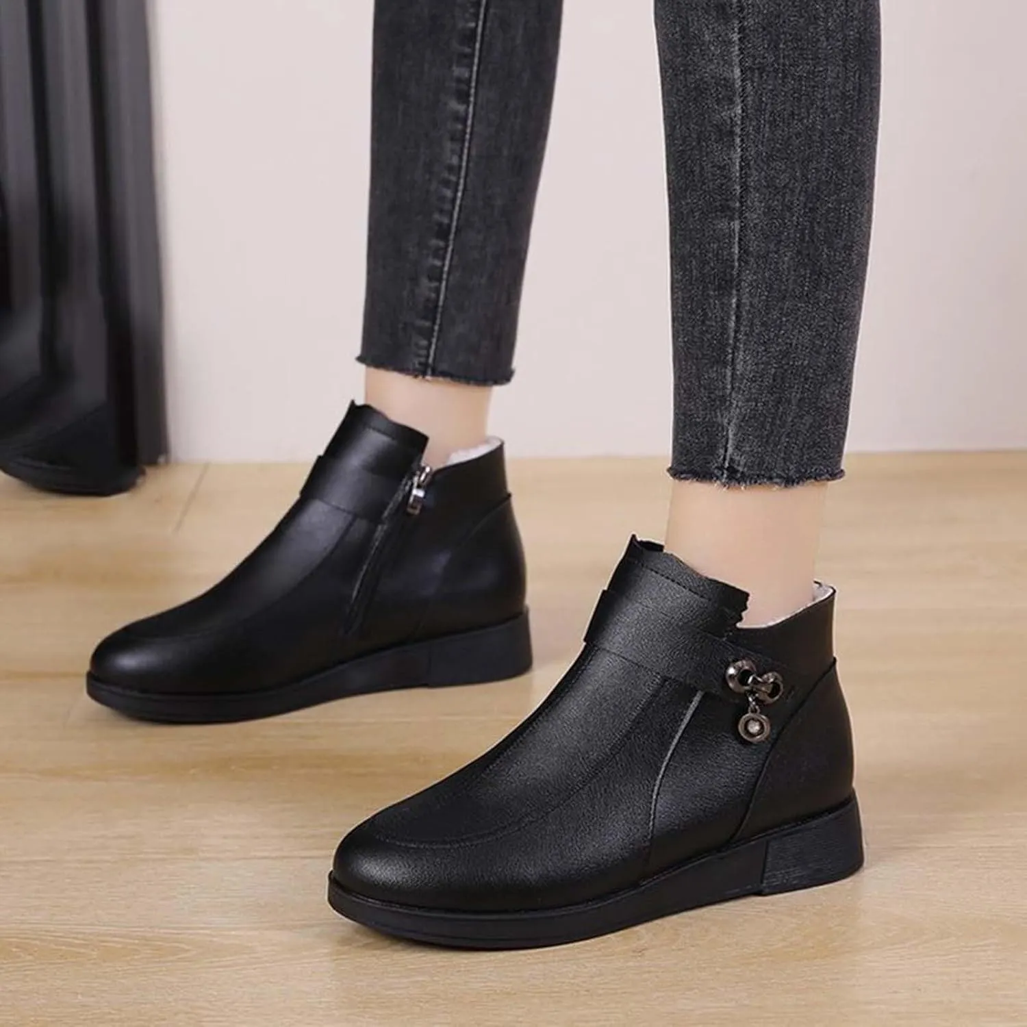 Ctreela Womens Winter Wedge Flat Heel Boots Thermal Warm Furry Lined Outdoor Shoes Fashion Slip on Faux Leather Ankle Bootie