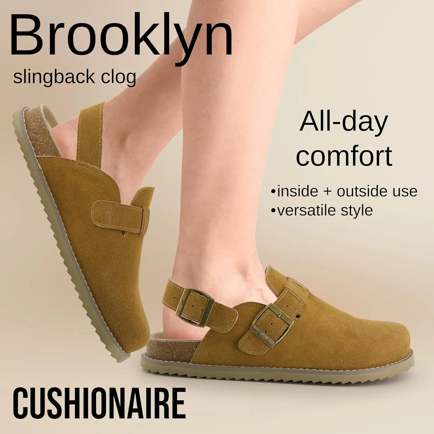 CUSHIONAIRE Brooklyn Women's Suede Clogs - Adjustable Slingback Clog Sandal with Buckle, Memory Foam, Wide Widths