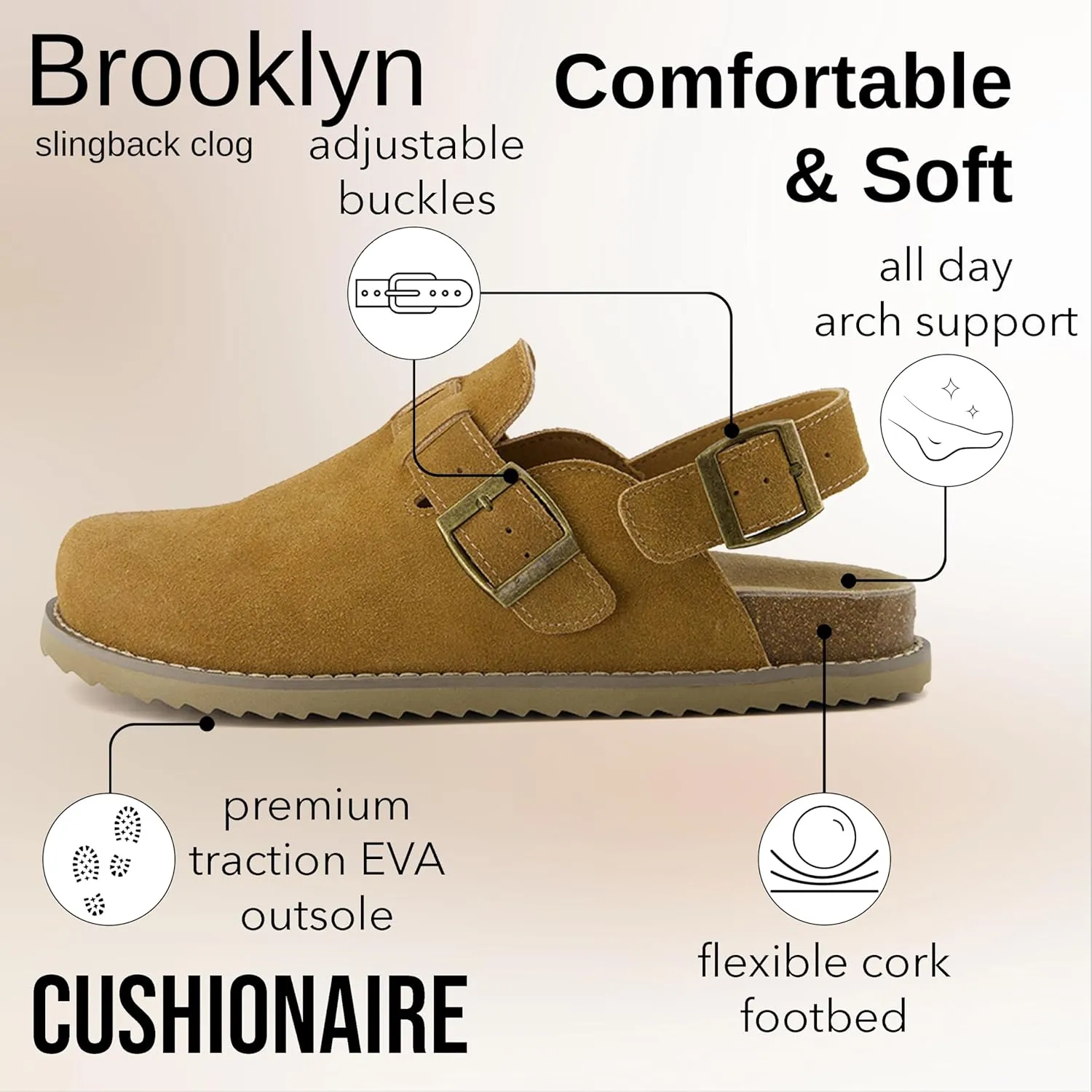 CUSHIONAIRE Brooklyn Women's Suede Clogs - Adjustable Slingback Clog Sandal with Buckle, Memory Foam, Wide Widths