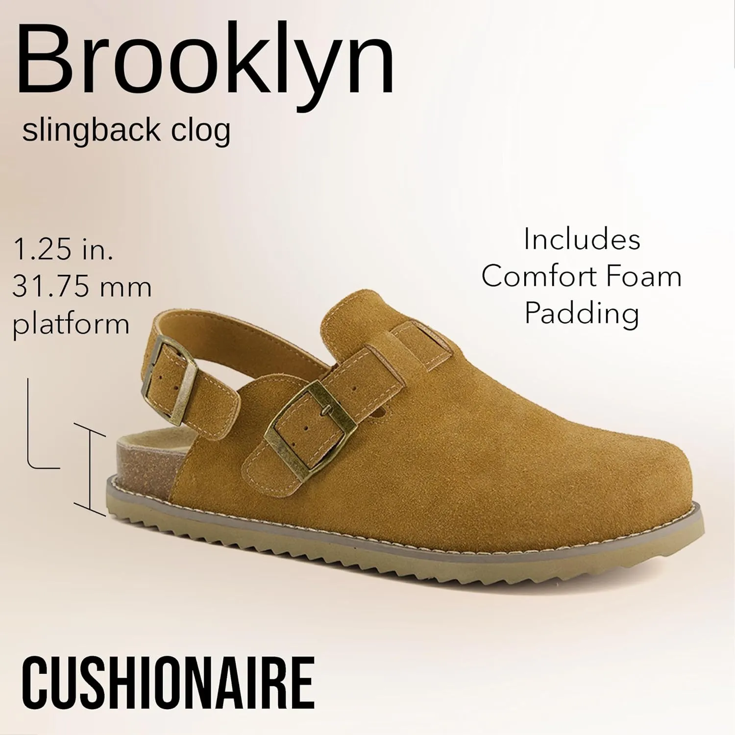 CUSHIONAIRE Brooklyn Women's Suede Clogs - Adjustable Slingback Clog Sandal with Buckle, Memory Foam, Wide Widths