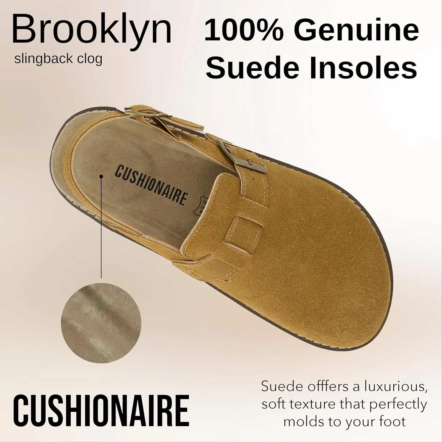 CUSHIONAIRE Brooklyn Women's Suede Clogs - Adjustable Slingback Clog Sandal with Buckle, Memory Foam, Wide Widths