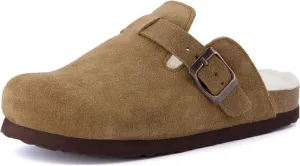CUSHIONAIRE Kid's Hana Cork footbed clog with Genuine Leather upper, Faux Fur lining, and  Comfort