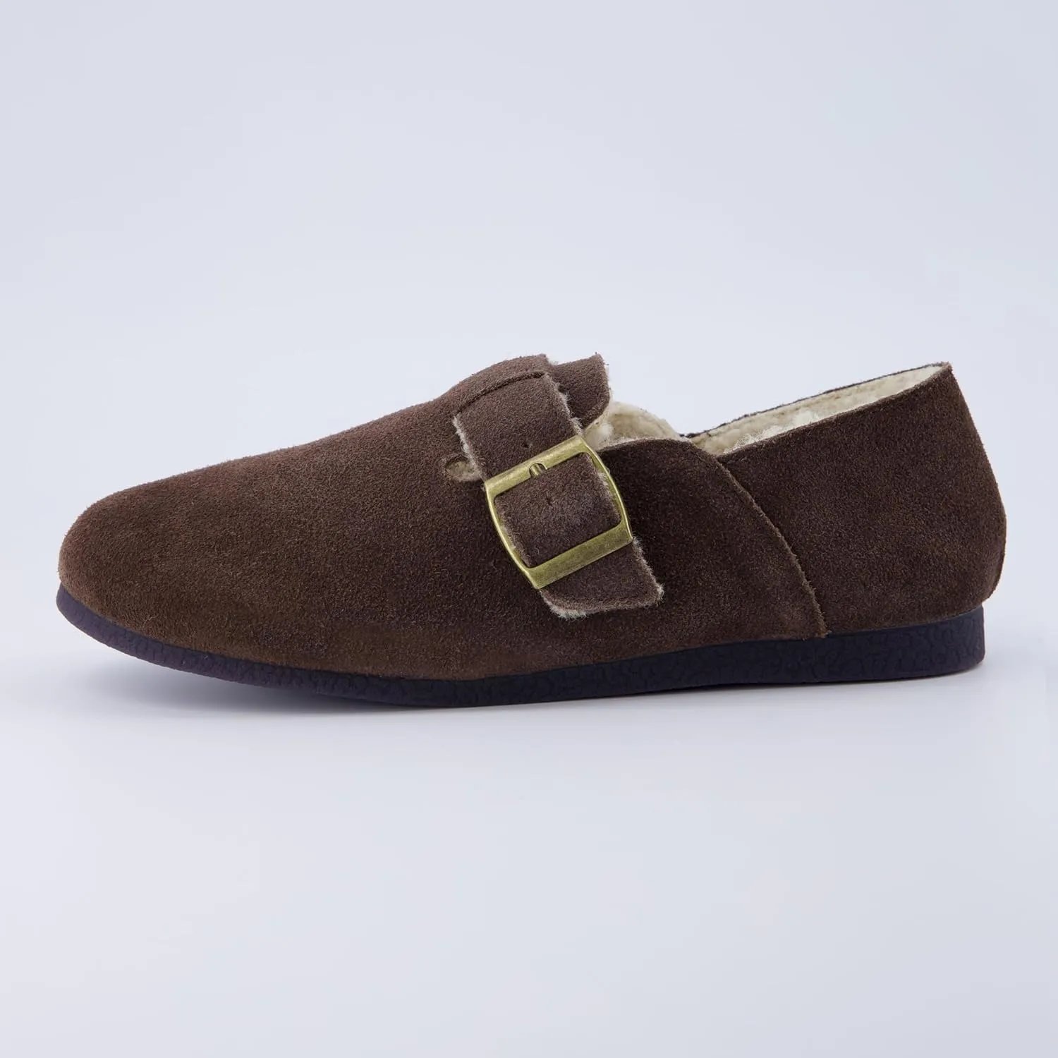 CUSHIONAIRE Women's Nest Genuine Suede Slip-On Shoe with Faux Shearling Lining & Memory Foam | Adjustable Buckle & Non-Slip Sole