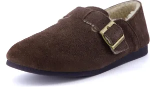 CUSHIONAIRE Women's Nest Genuine Suede Slip-On Shoe with Faux Shearling Lining & Memory Foam | Adjustable Buckle & Non-Slip Sole