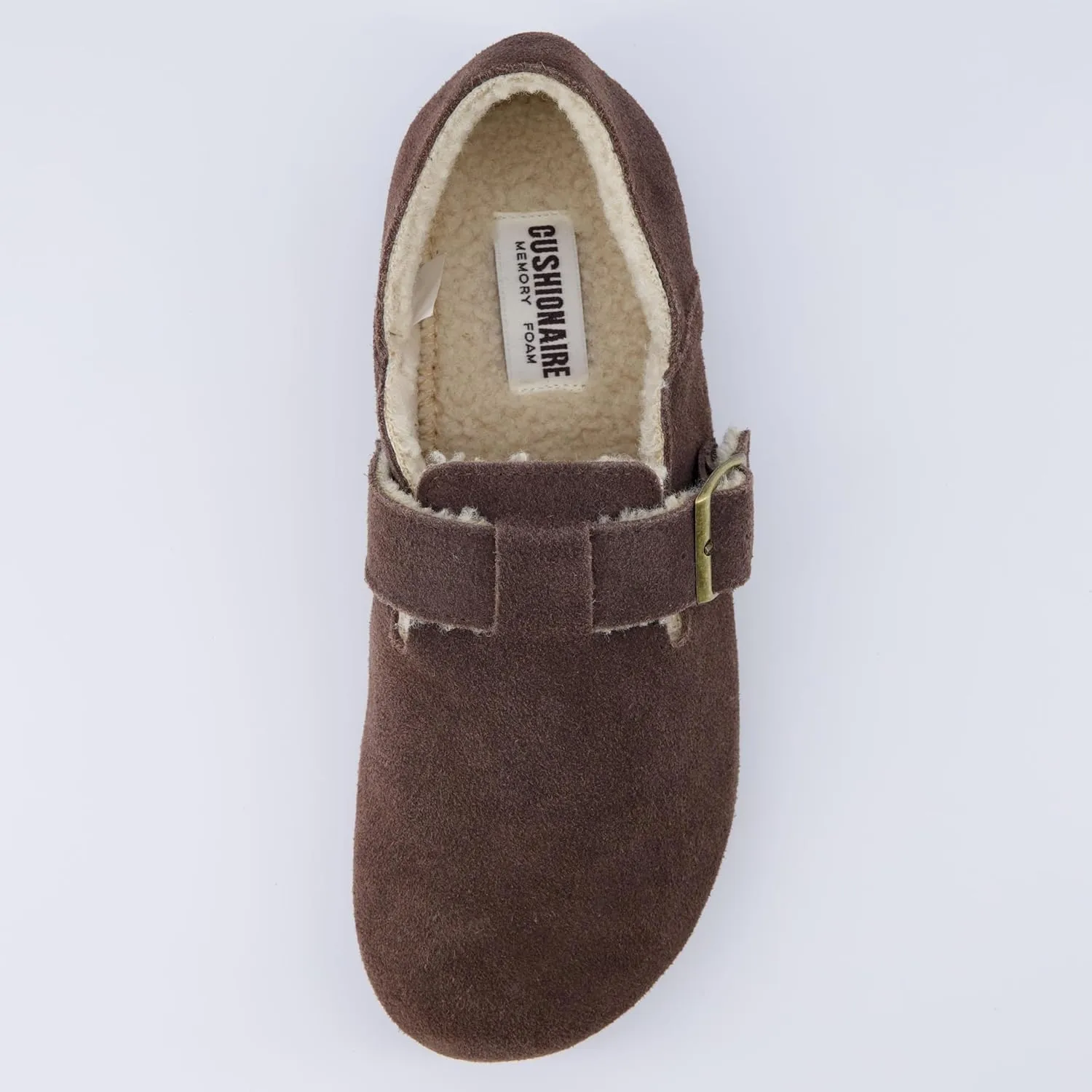 CUSHIONAIRE Women's Nest Genuine Suede Slip-On Shoe with Faux Shearling Lining & Memory Foam | Adjustable Buckle & Non-Slip Sole