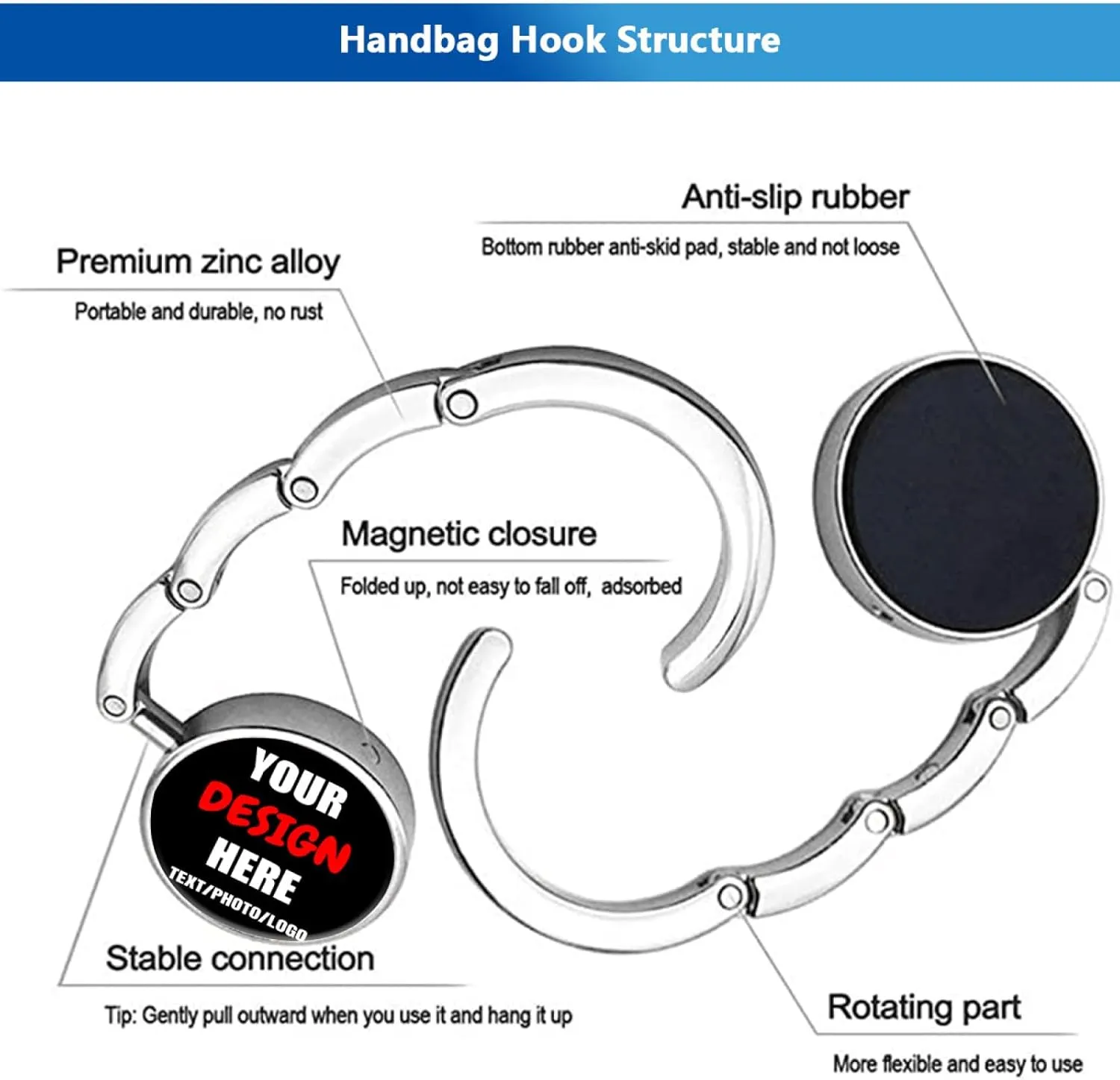 Customized Purse Hook for Table, Personalized Design Your Own Handbag Hangers with Photo Logo Text, Funny Handbag Hangers Gifts for Women Her, 5 PCS