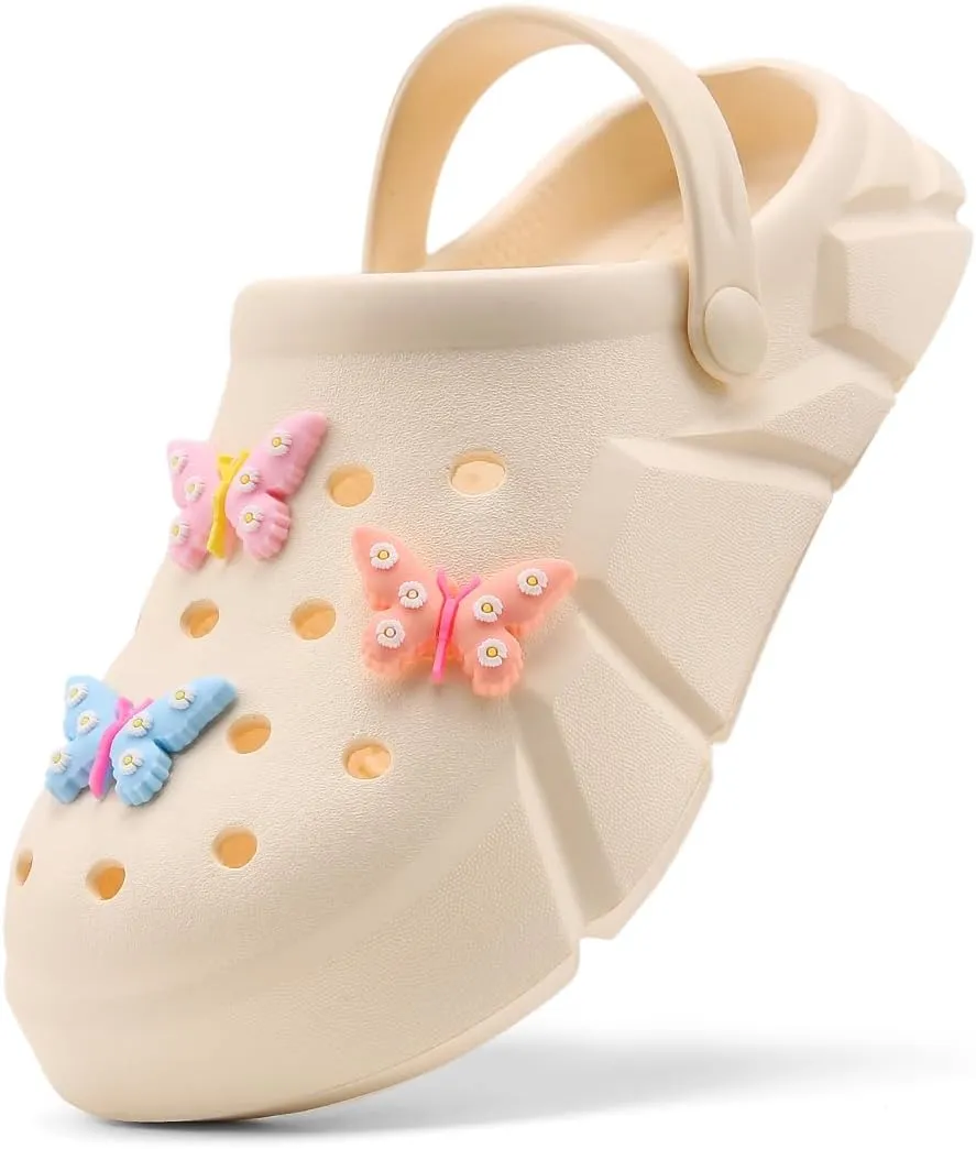 Cute Butterfly-Themed Lightweight Girls' Clogs, Platform Soft Sole Closed Toe EVA Home Garden Clog Shoes, Two-Way Wear Breathable Beach Clogs, Trendy Non-Slip Slip-On Sandals for Outdoor Indoor