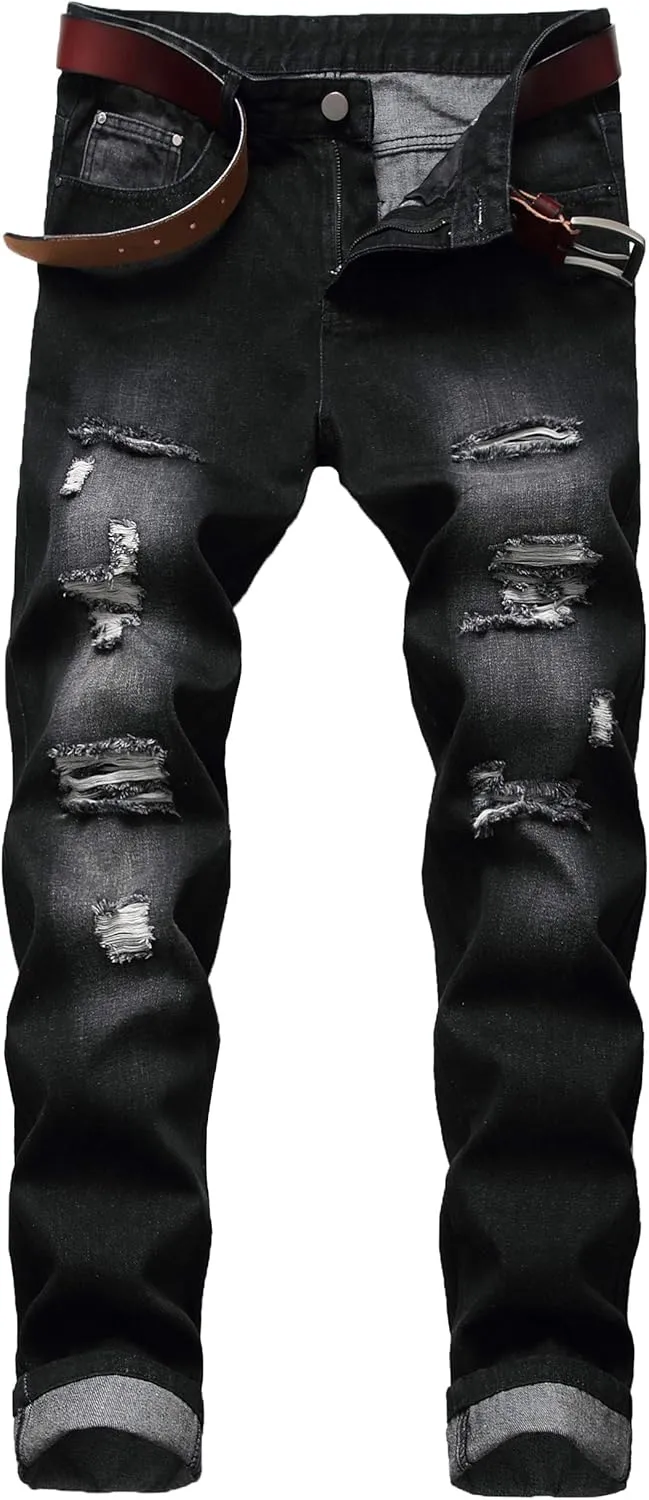 DANT BULUN Men's Ripped Distressed Destroyed Slim Fit Straight Leg Denim Jeans