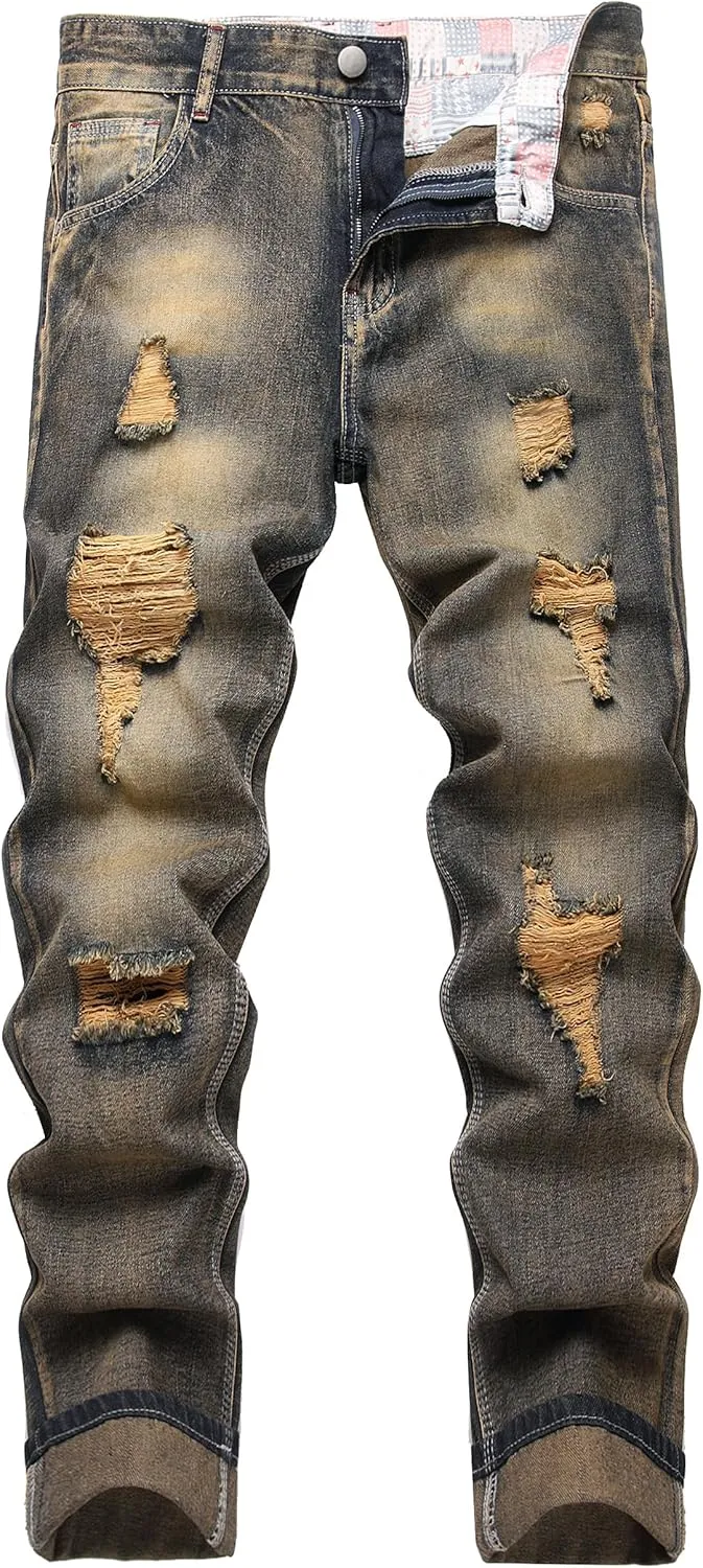 DANT BULUN Men's Ripped Distressed Destroyed Slim Fit Straight Leg Denim Jeans