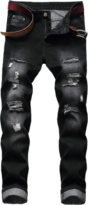 DANT BULUN Men's Ripped Distressed Destroyed Slim Fit Straight Leg Denim Jeans