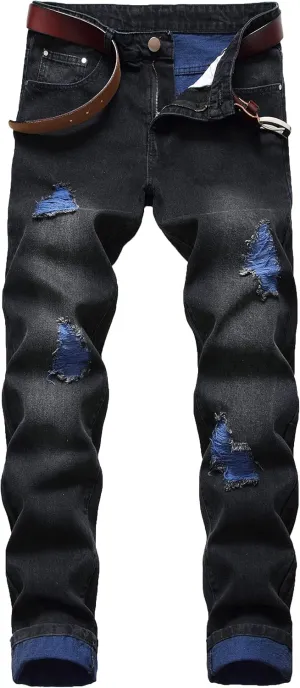 DANT BULUN Men's Ripped Distressed Destroyed Slim Fit Straight Leg Denim Jeans