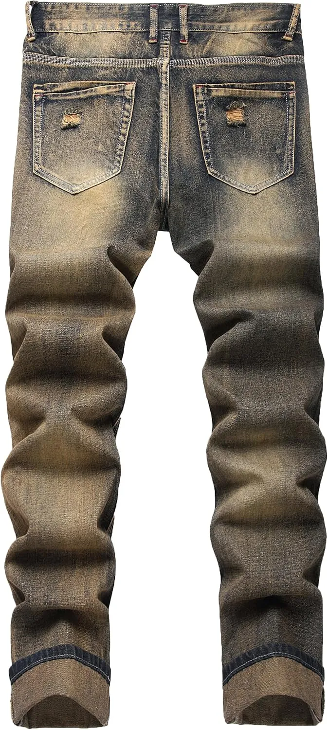 DANT BULUN Men's Ripped Distressed Destroyed Slim Fit Straight Leg Denim Jeans