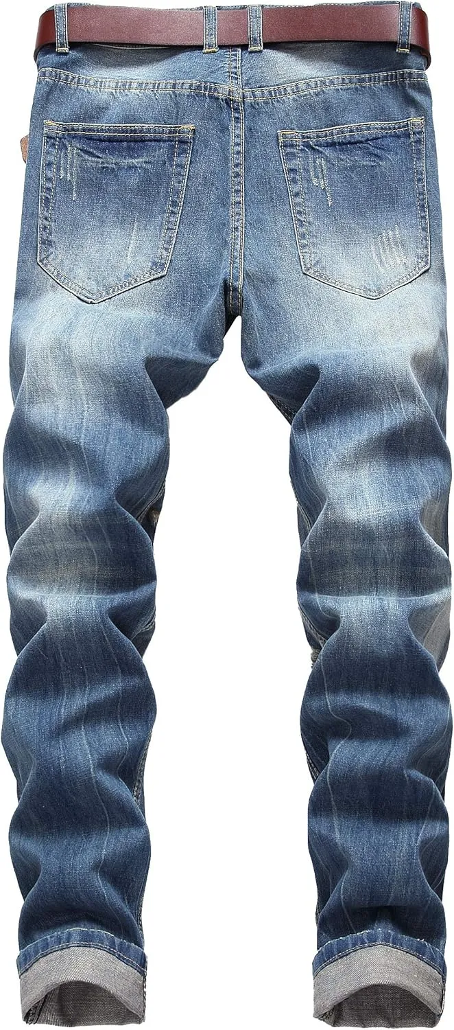 DANT BULUN Men's Ripped Distressed Destroyed Slim Fit Straight Leg Denim Jeans