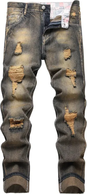 DANT BULUN Men's Ripped Distressed Destroyed Slim Fit Straight Leg Denim Jeans