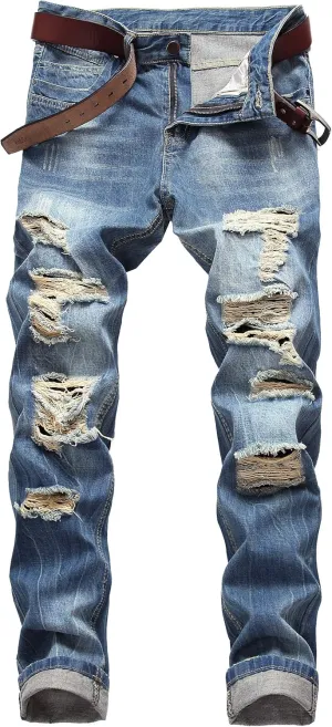 DANT BULUN Men's Ripped Distressed Destroyed Slim Fit Straight Leg Denim Jeans