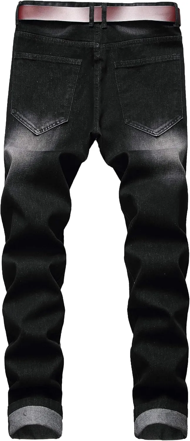 DANT BULUN Men's Ripped Distressed Destroyed Slim Fit Straight Leg Denim Jeans