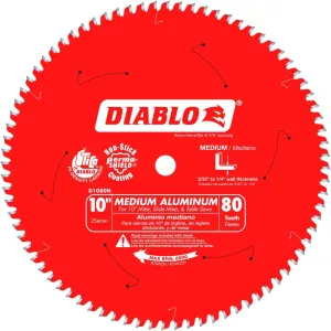 Diablo Saw Blade for Medium Aluminum - 10" Diameter, 80 TCG Teeth, 5/8" Arbor, .094" Kerf, -5° Hook Angle, .071" Plate, 6000 Max RPM - D1080N