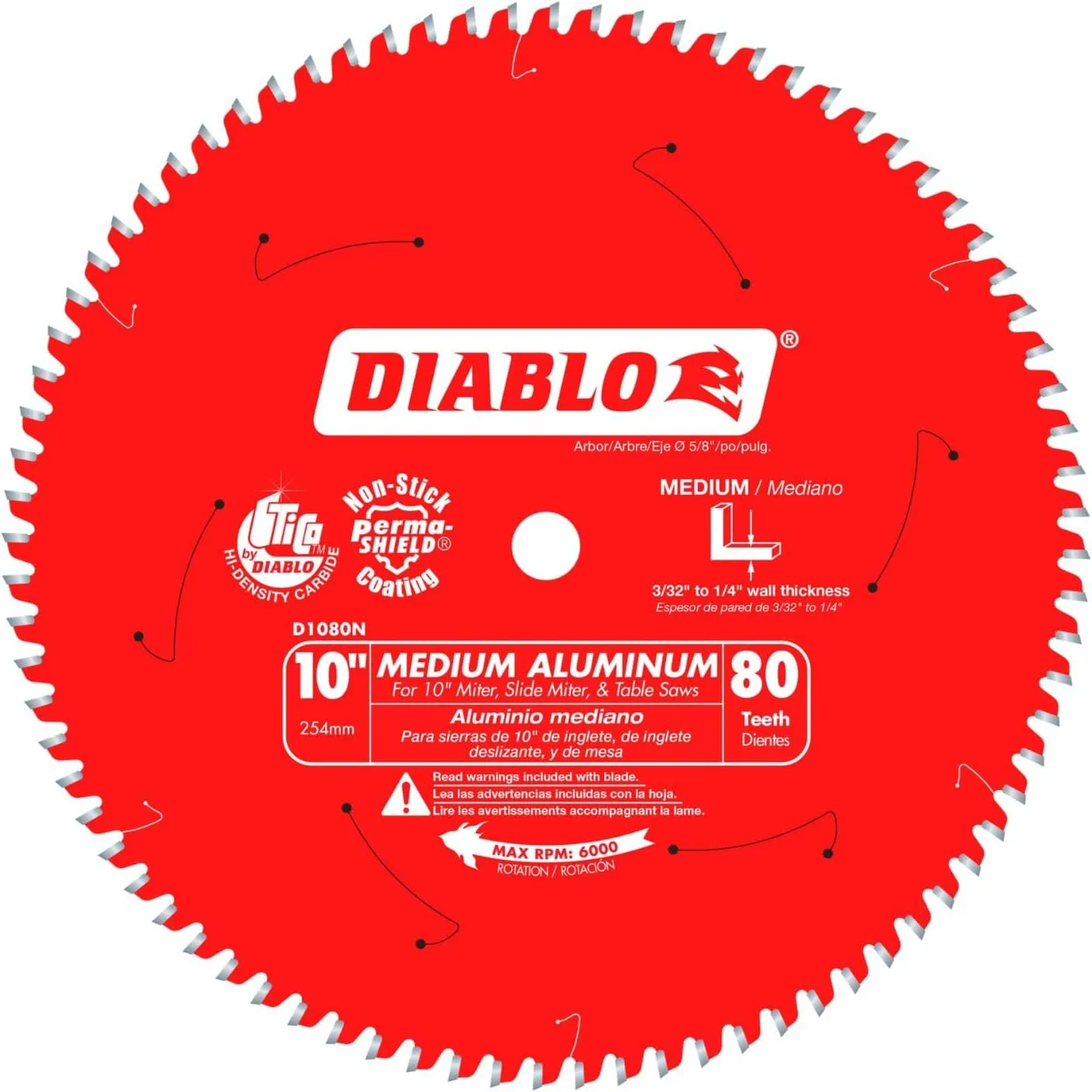 Diablo Saw Blade for Medium Aluminum - 10" Diameter, 80 TCG Teeth, 5/8" Arbor, .094" Kerf, -5° Hook Angle, .071" Plate, 6000 Max RPM - D1080N