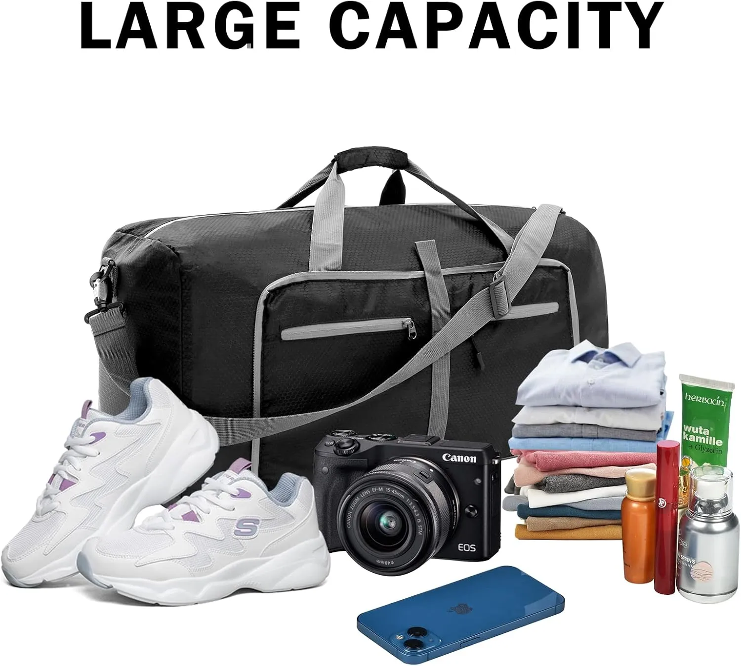 Dimayar Travel Duffle Bag for Men Women - Foldable Duffel Bag with Shoes Compartment - Overnight Bags Waterproof & Tear Resistant(65L,Black)