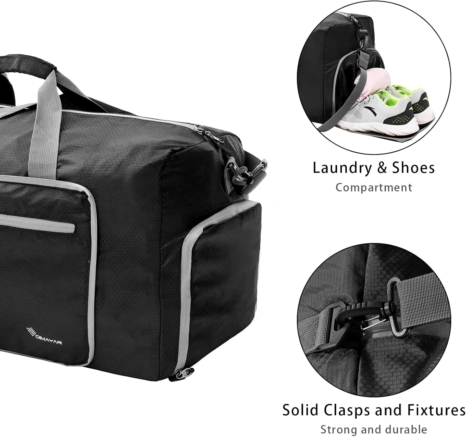 Dimayar Travel Duffle Bag for Men Women - Foldable Duffel Bag with Shoes Compartment - Overnight Bags Waterproof & Tear Resistant(65L,Black)