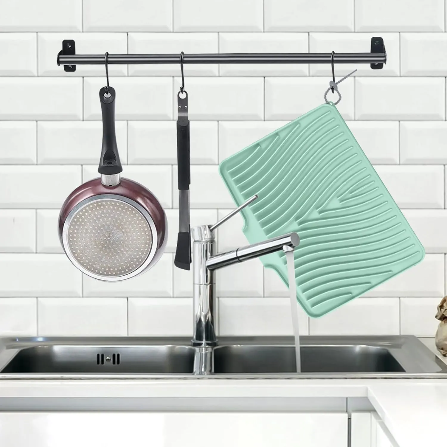 Dish Drying Mat, Stone Drying Mat for Kitchen Counter with Built-in Drain, Non-Slip Drying Matt Kitchen Counter, Heat Resistant Silicone Drying Mat, Dish Drying Pad, 2 Pcs(15.8"X 13", Mint)