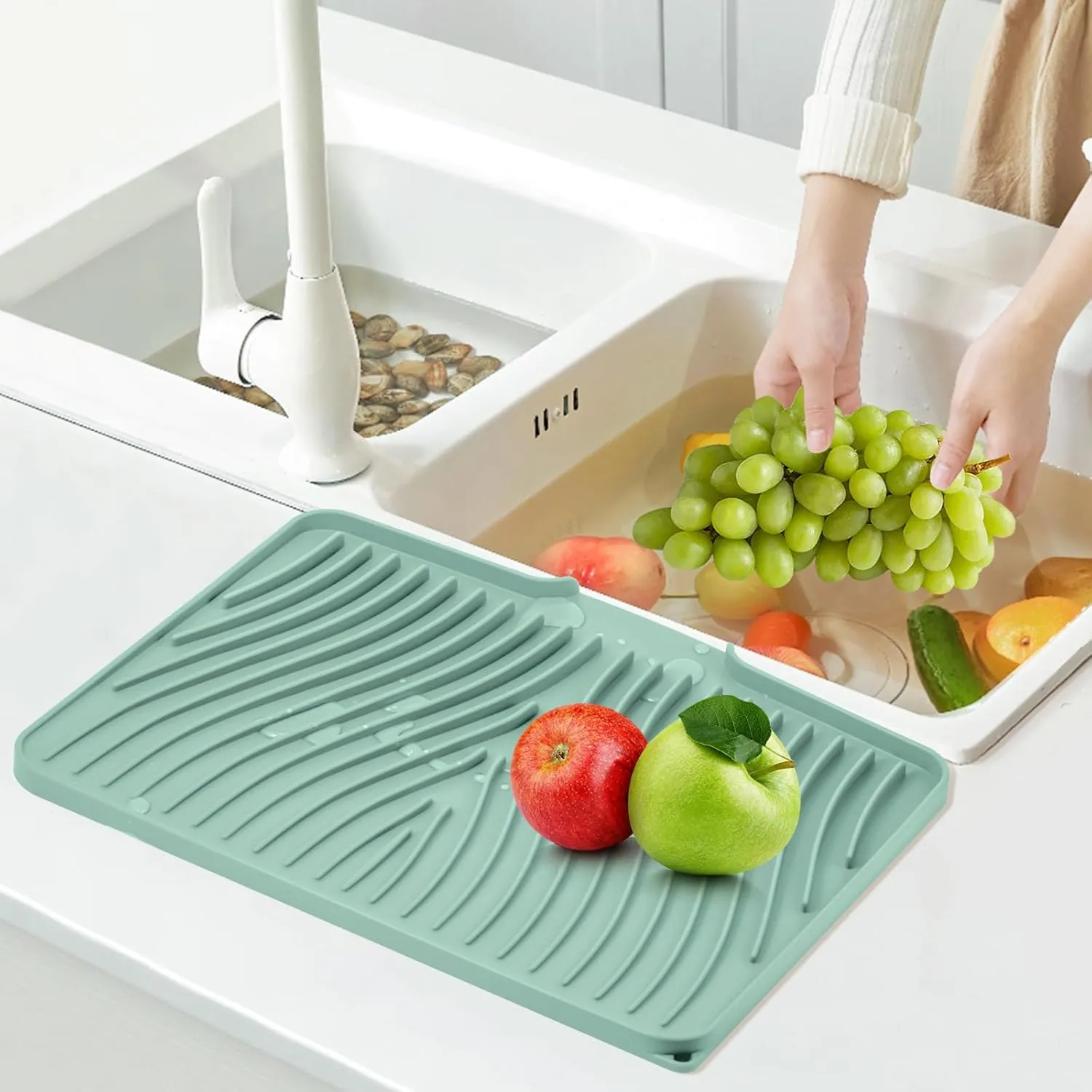 Dish Drying Mat, Stone Drying Mat for Kitchen Counter with Built-in Drain, Non-Slip Drying Matt Kitchen Counter, Heat Resistant Silicone Drying Mat, Dish Drying Pad, 2 Pcs(15.8"X 13", Mint)