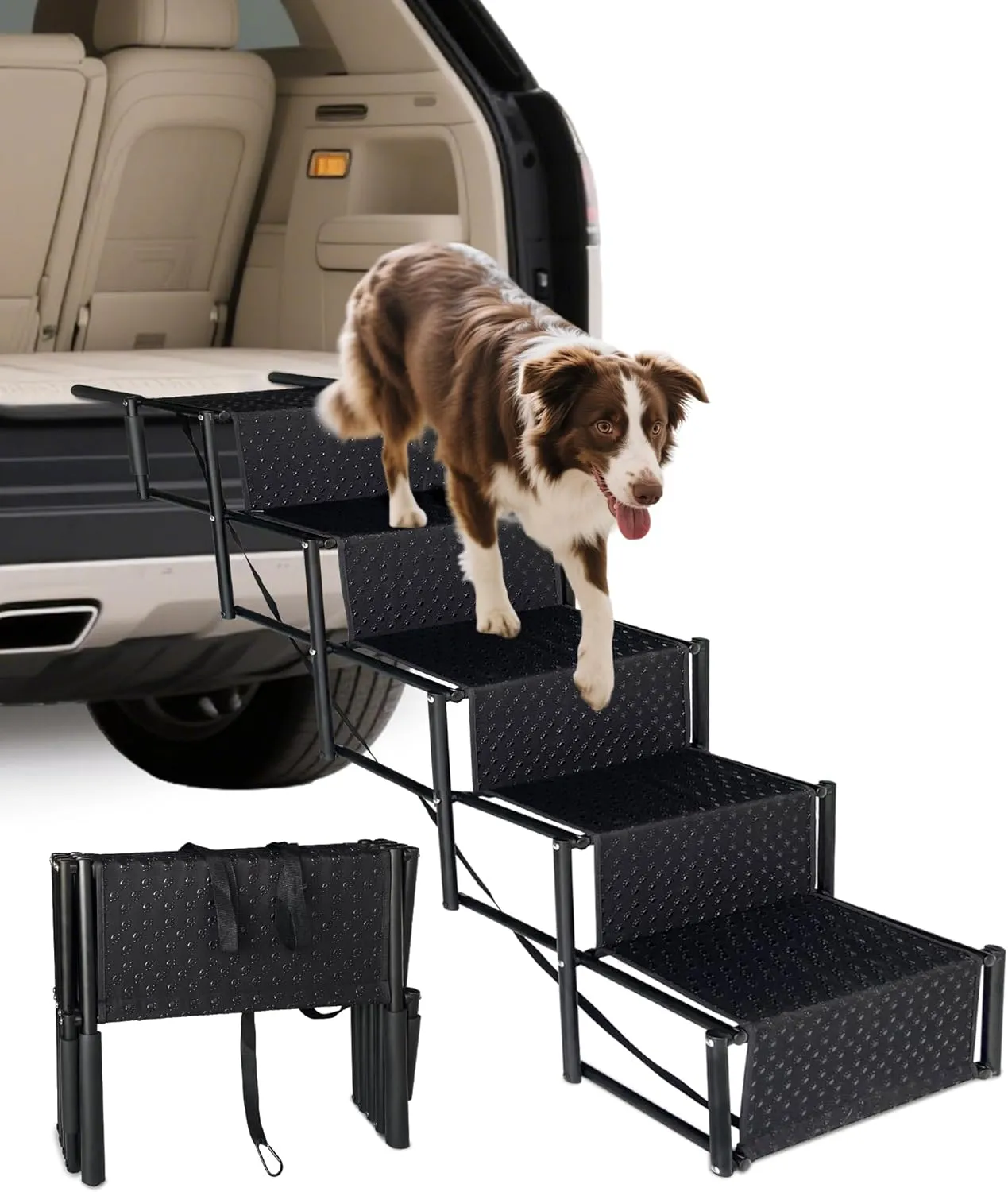 Dog Stairs for Car 5 Steps Foldable Pet Steps for SUV, Truck, 26-36 Inch Height, Non-Slip Surface, Supports Up to 180 lbs