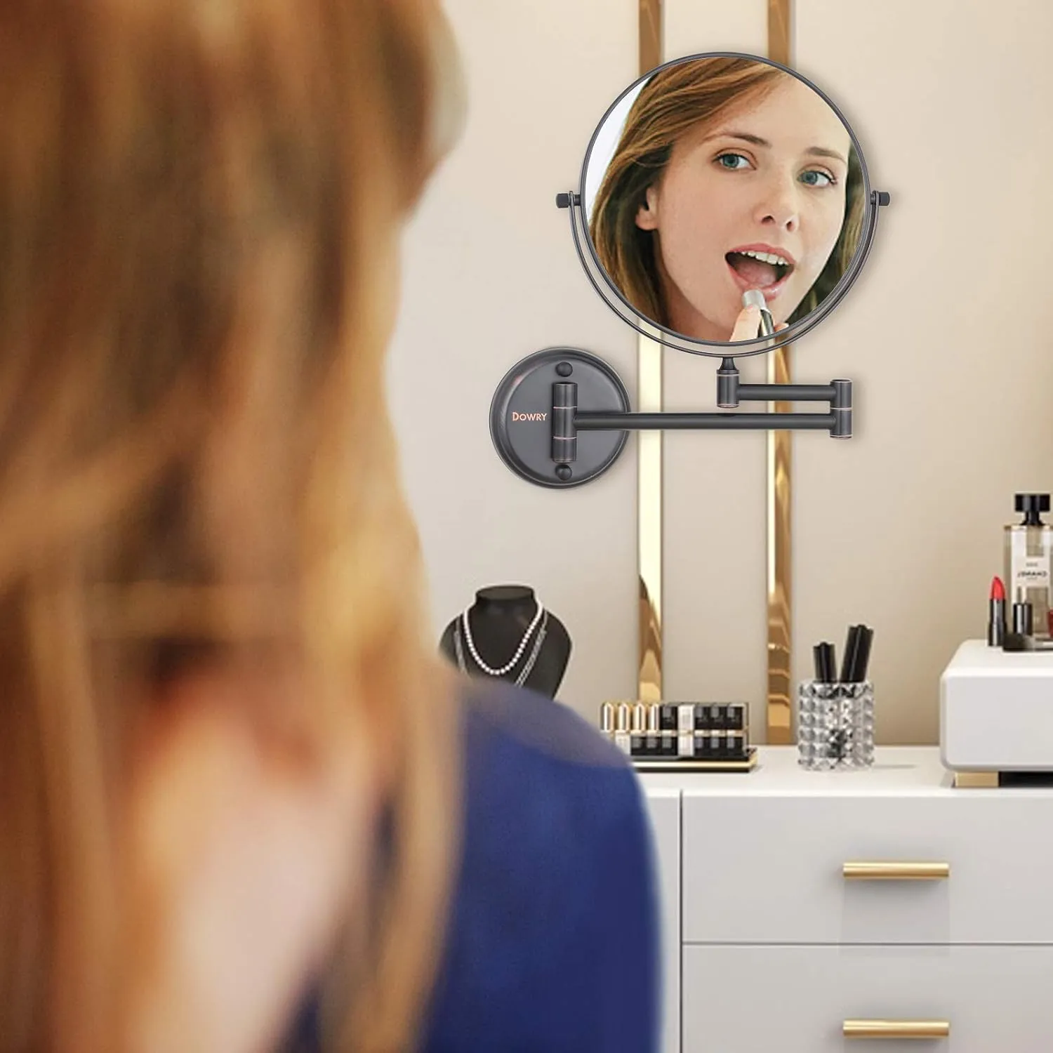 DOWRY Wall Mounted Magnifying Makeup Mirror with 10x Magnification, Oil Rubbed Bronze, 8 Inch Double-Sided Swivel Makeup Mirror Wall, 12 Inch Extension