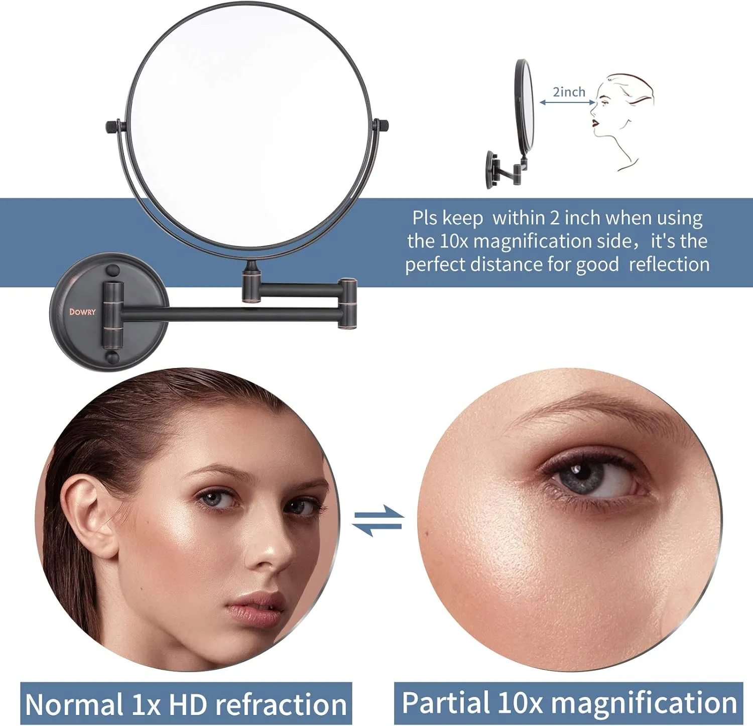 DOWRY Wall Mounted Magnifying Makeup Mirror with 10x Magnification, Oil Rubbed Bronze, 8 Inch Double-Sided Swivel Makeup Mirror Wall, 12 Inch Extension