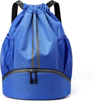 Drawstring Backpack Gym Bag with Shoes Compartment for Soccer, Basketball, Swim, Water-Resistant String Backpack Beach Cinch for Women Men, Blue