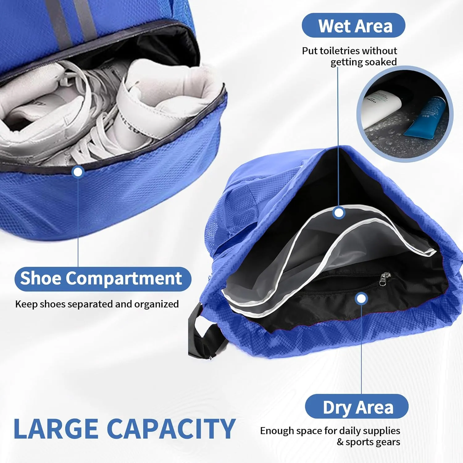 Drawstring Backpack Gym Bag with Shoes Compartment for Soccer, Basketball, Swim, Water-Resistant String Backpack Beach Cinch for Women Men, Blue