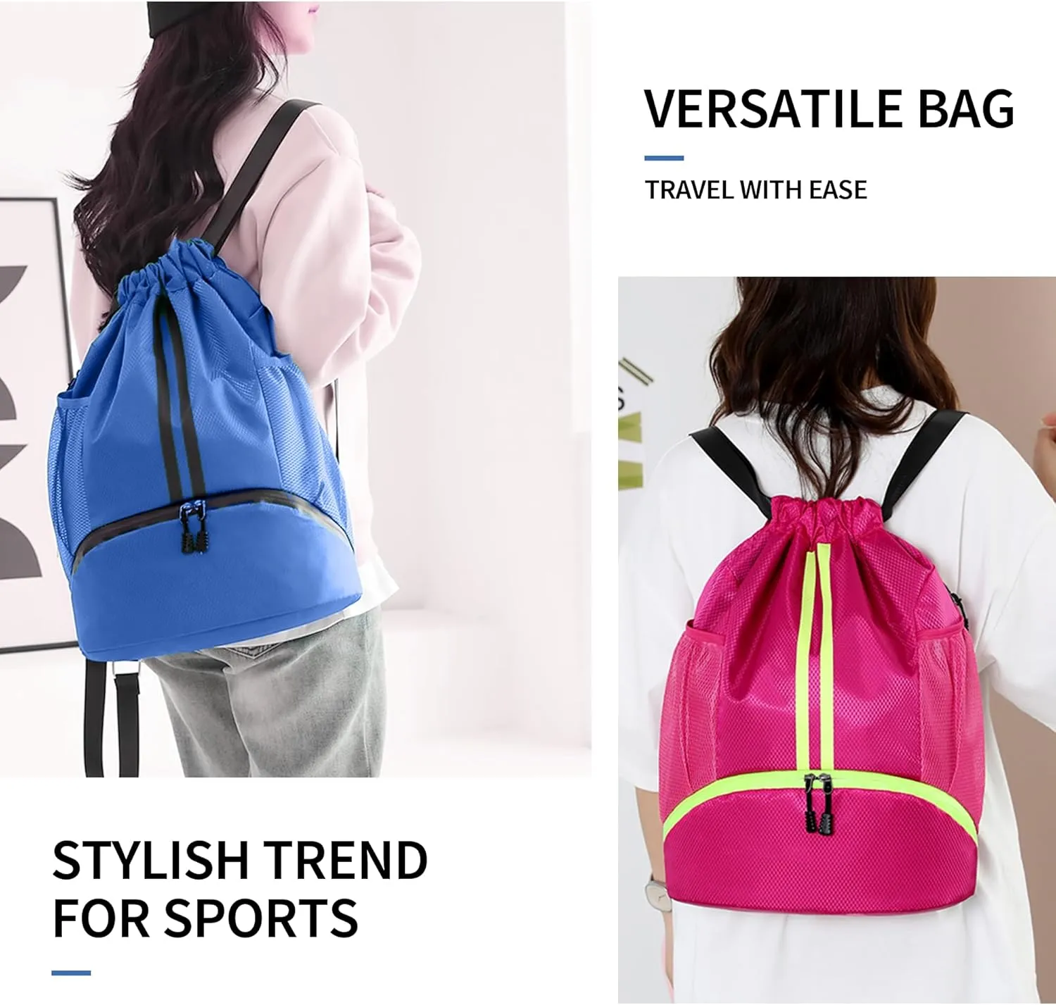 Drawstring Backpack Gym Bag with Shoes Compartment for Soccer, Basketball, Swim, Water-Resistant String Backpack Beach Cinch for Women Men, Blue