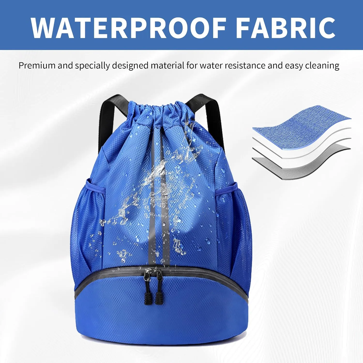 Drawstring Backpack Gym Bag with Shoes Compartment for Soccer, Basketball, Swim, Water-Resistant String Backpack Beach Cinch for Women Men, Blue