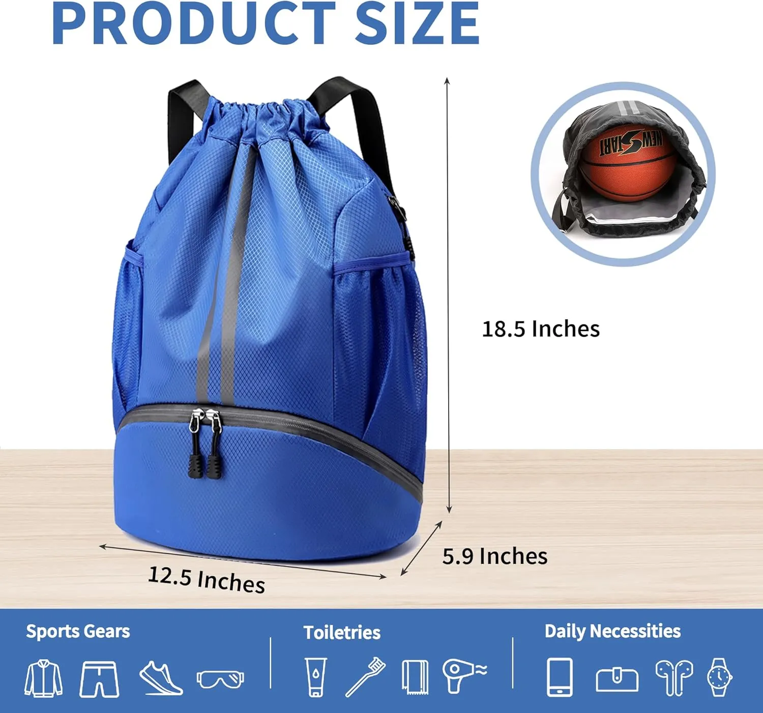 Drawstring Backpack Gym Bag with Shoes Compartment for Soccer, Basketball, Swim, Water-Resistant String Backpack Beach Cinch for Women Men, Blue