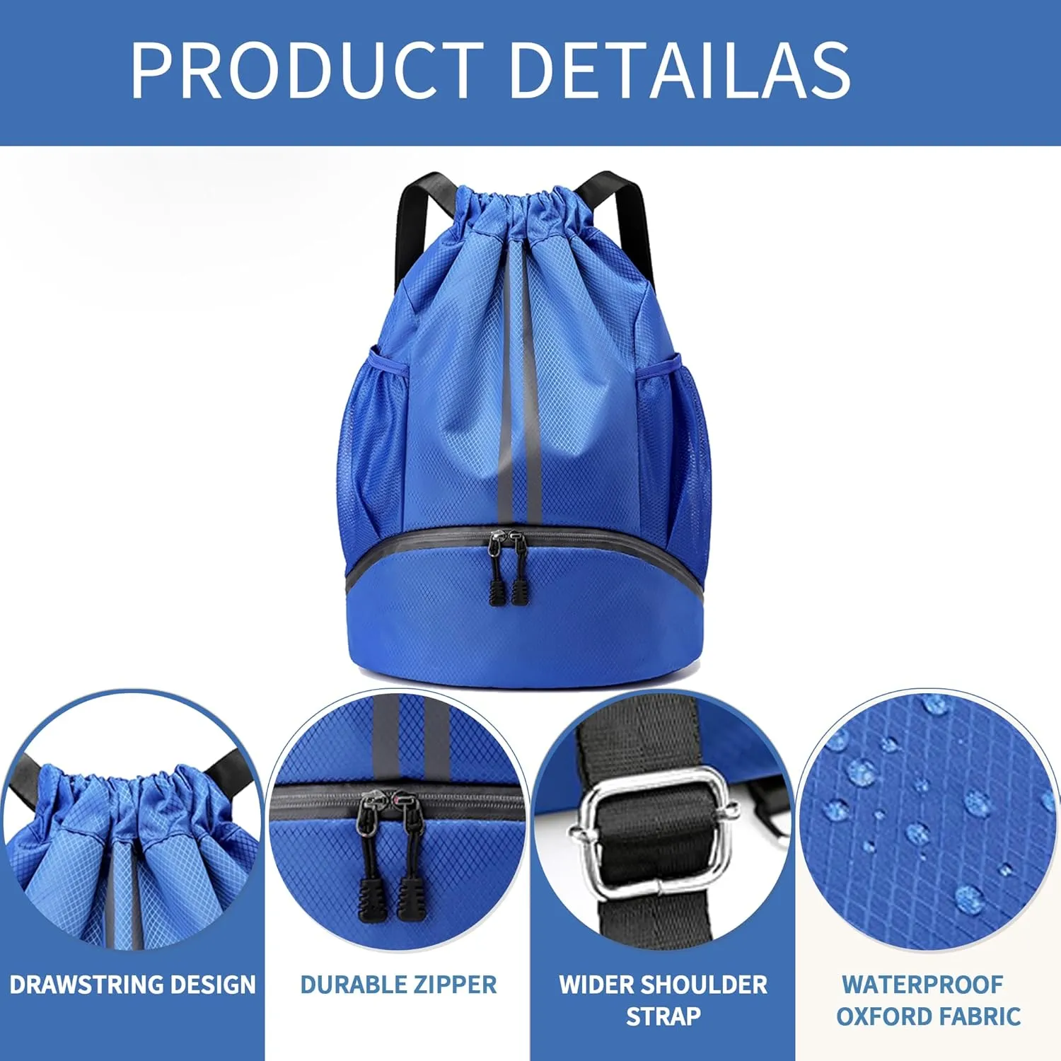 Drawstring Backpack Gym Bag with Shoes Compartment for Soccer, Basketball, Swim, Water-Resistant String Backpack Beach Cinch for Women Men, Blue
