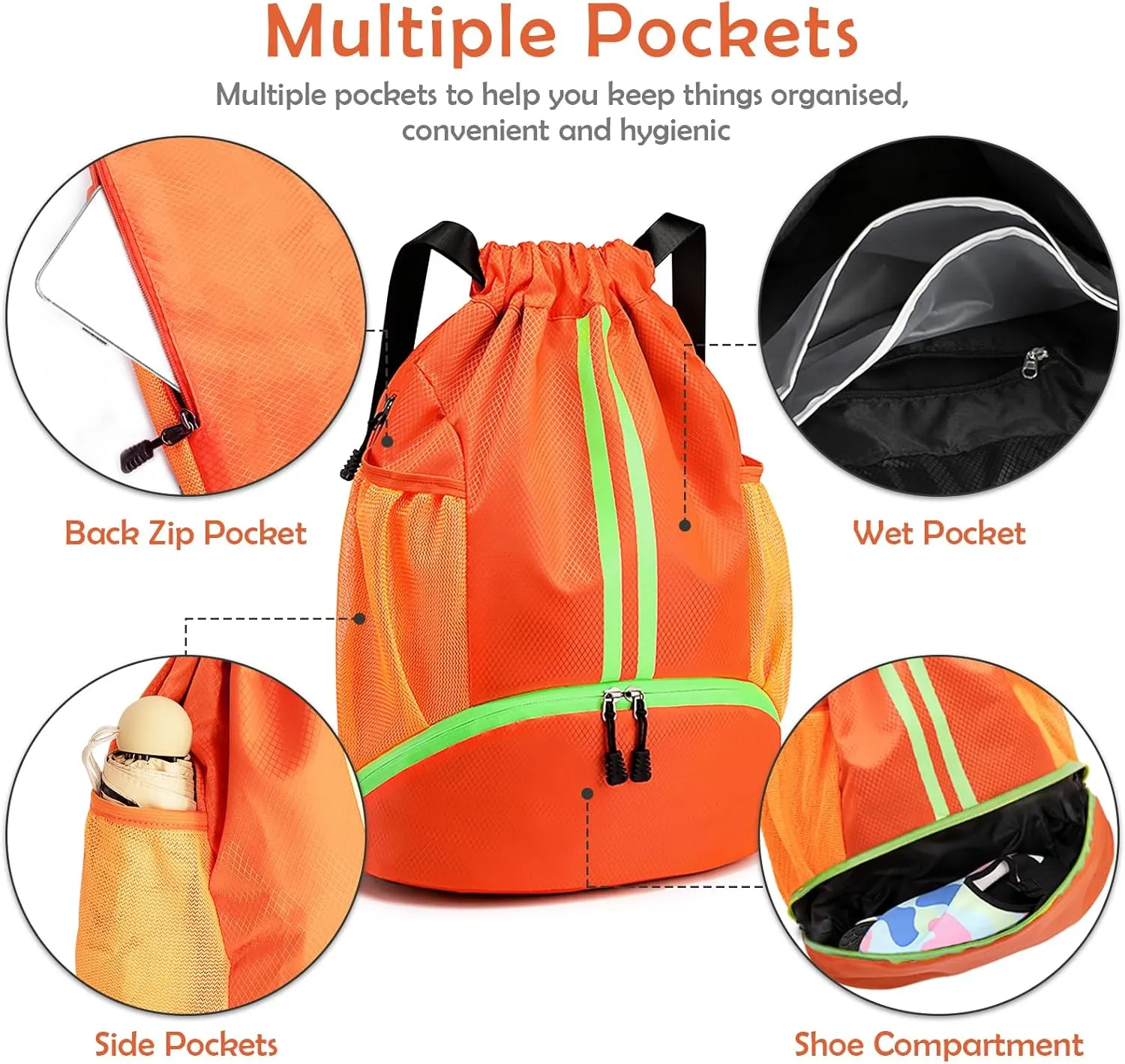 Drawstring Backpack Gymbag Water Resistant Sports Sackpack with Zipper/Shoe Compartment/Wet Pocket/Mesh Pockets Gym Sack for Women Lightweight String Bag for Travel Soccer Swim Hiking, Orange