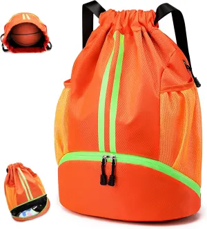 Drawstring Backpack Gymbag Water Resistant Sports Sackpack with Zipper/Shoe Compartment/Wet Pocket/Mesh Pockets Gym Sack for Women Lightweight String Bag for Travel Soccer Swim Hiking, Orange