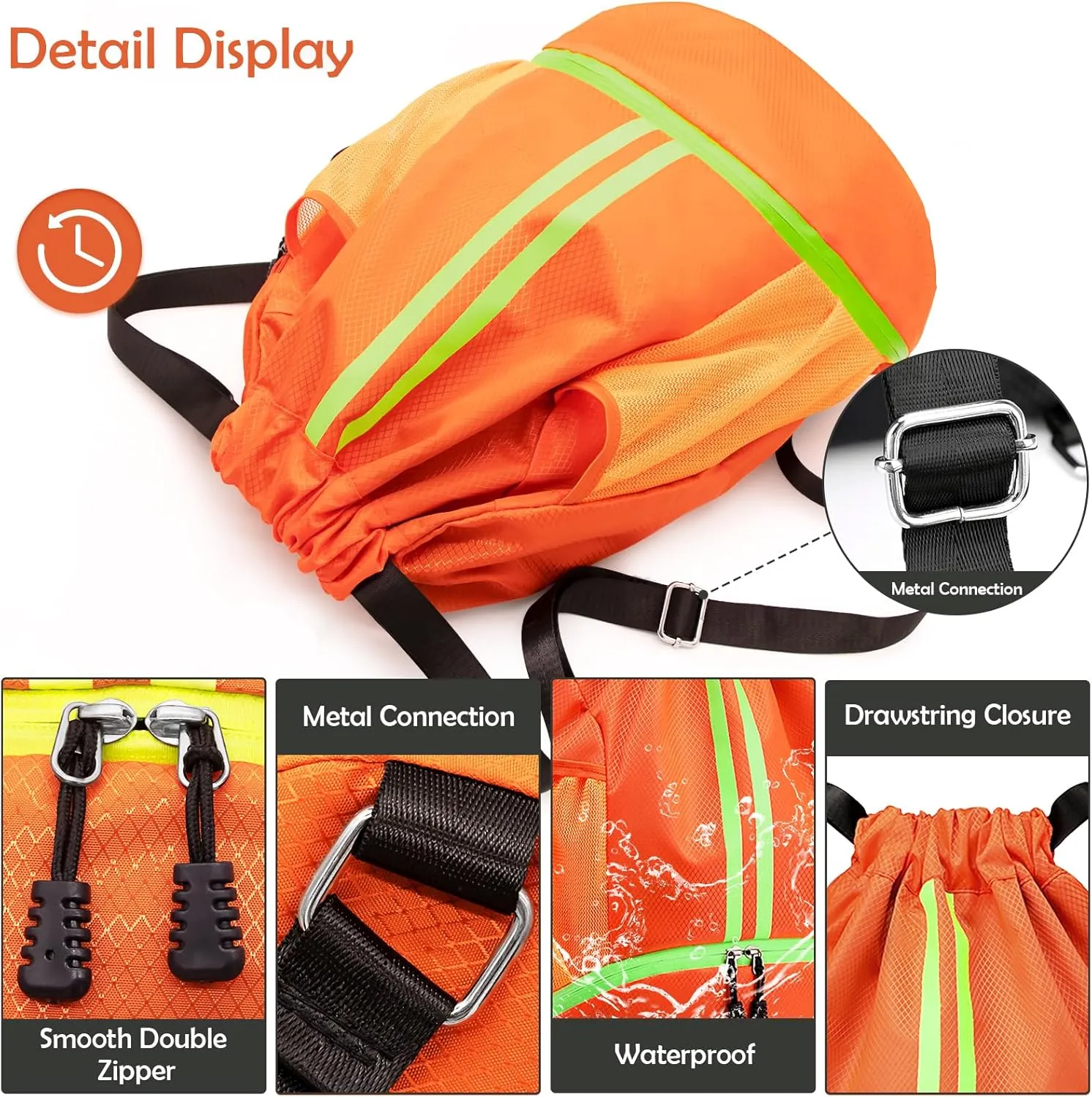 Drawstring Backpack Gymbag Water Resistant Sports Sackpack with Zipper/Shoe Compartment/Wet Pocket/Mesh Pockets Gym Sack for Women Lightweight String Bag for Travel Soccer Swim Hiking, Orange