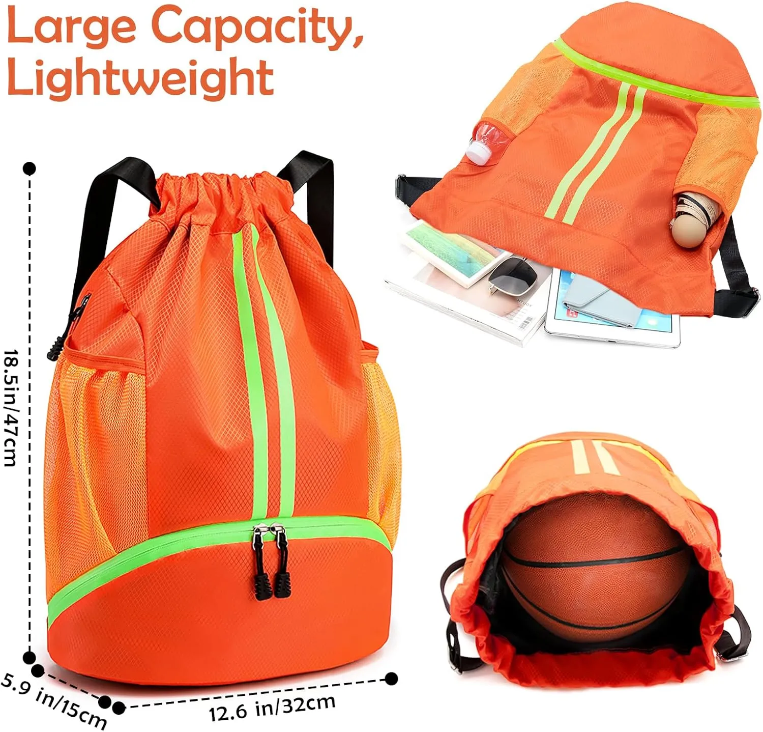 Drawstring Backpack Gymbag Water Resistant Sports Sackpack with Zipper/Shoe Compartment/Wet Pocket/Mesh Pockets Gym Sack for Women Lightweight String Bag for Travel Soccer Swim Hiking, Orange