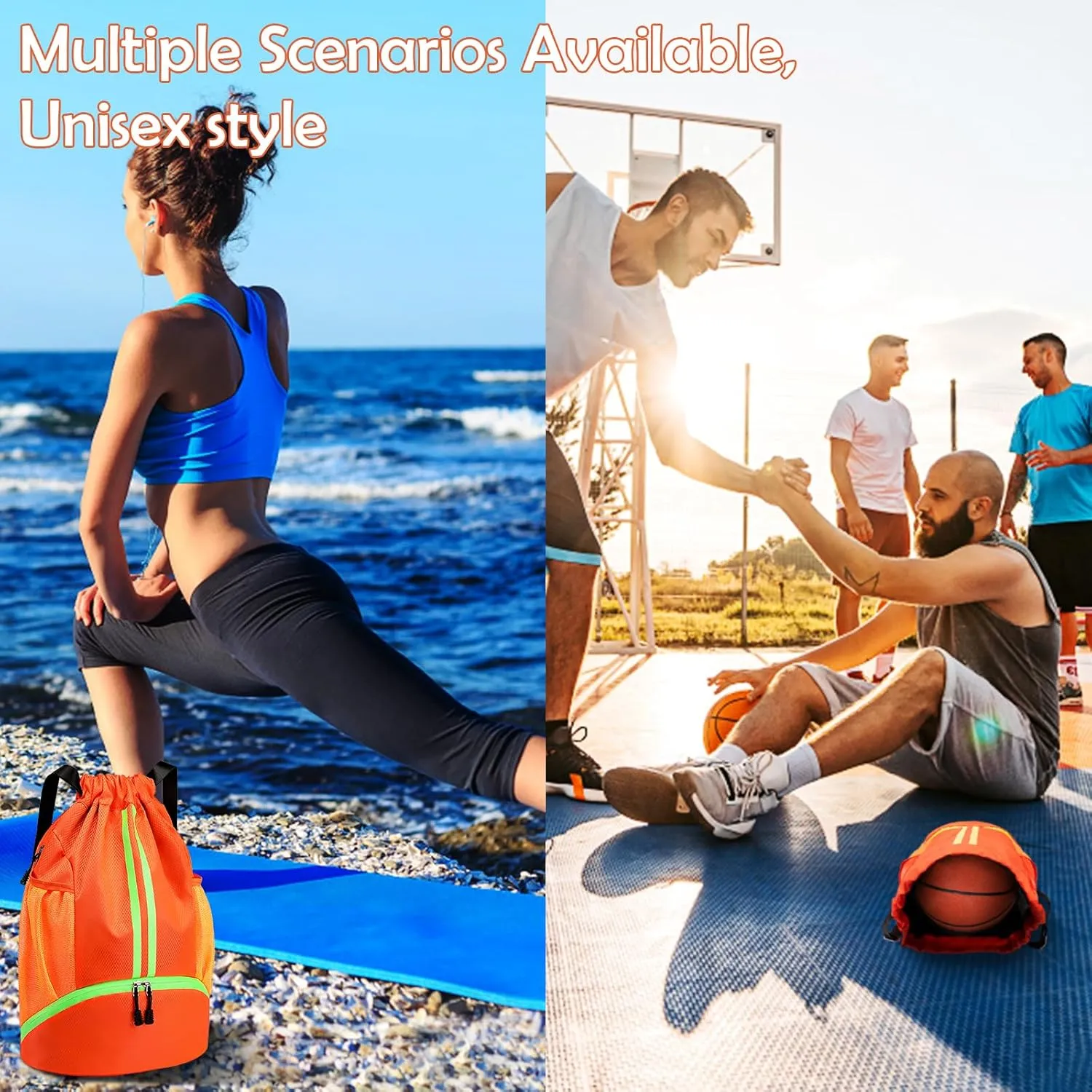 Drawstring Backpack Gymbag Water Resistant Sports Sackpack with Zipper/Shoe Compartment/Wet Pocket/Mesh Pockets Gym Sack for Women Lightweight String Bag for Travel Soccer Swim Hiking, Orange