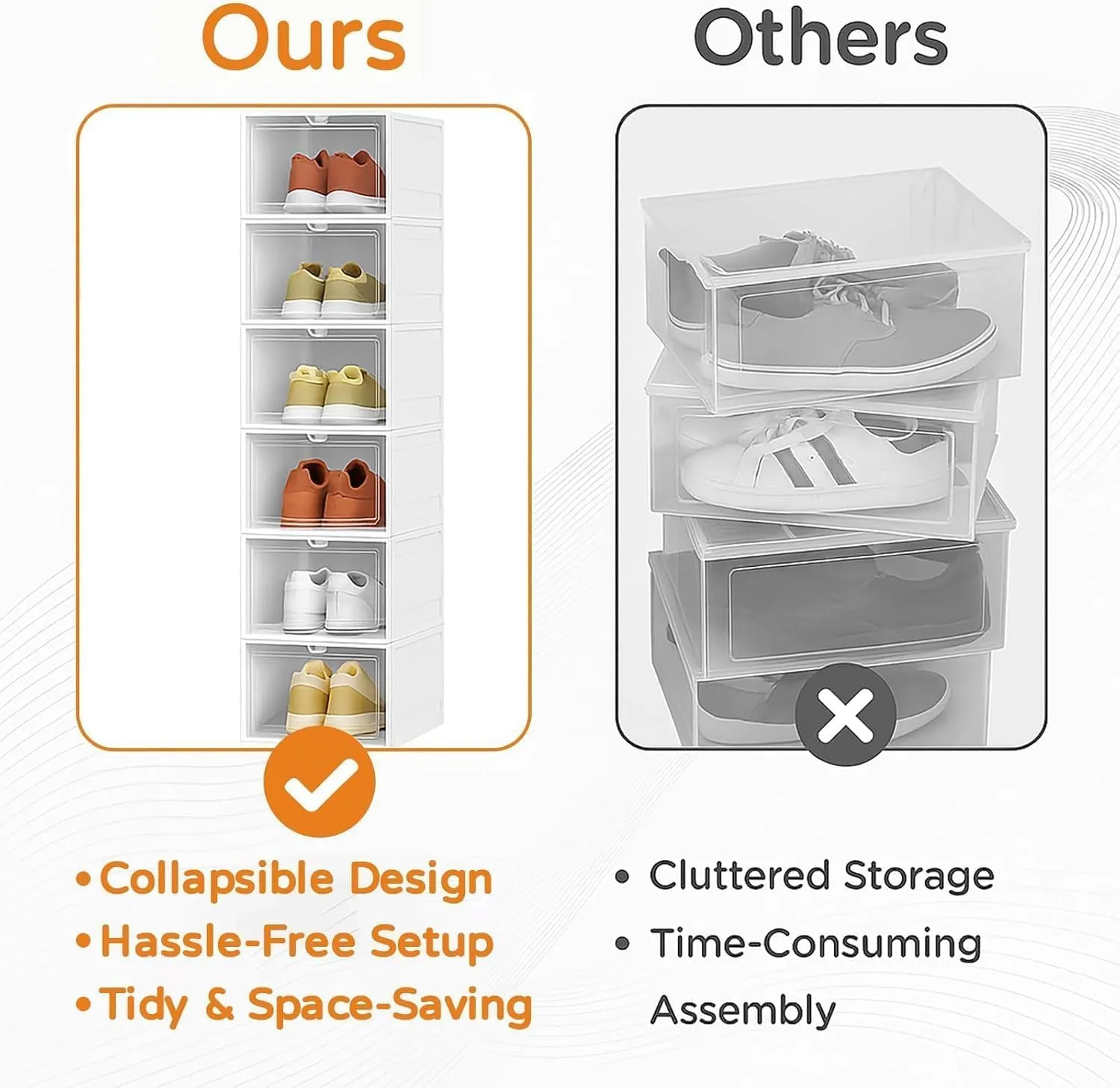 Drop Front Shoe Storage Box, No Assembly Stackable Shoe Organizer Storage Bin with Clear Door, Free Standing Shoe Shelf Cabinet with Lid, Plastic Shoe Rack for Closet Entryway, 6-Tier