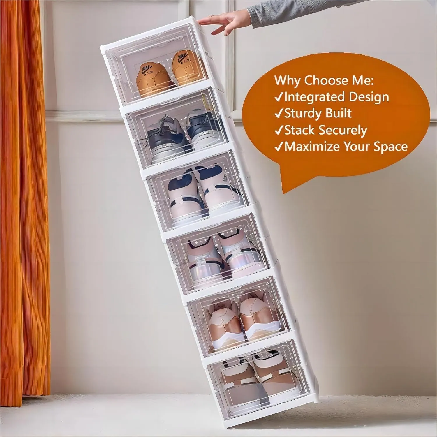 Drop Front Shoe Storage Box, No Assembly Stackable Shoe Organizer Storage Bin with Clear Door, Free Standing Shoe Shelf Cabinet with Lid, Plastic Shoe Rack for Closet Entryway, 6-Tier
