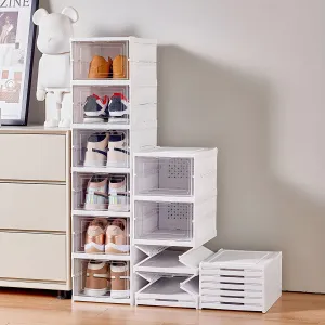 Drop Front Shoe Storage Box, No Assembly Stackable Shoe Organizer Storage Bin with Clear Door, Free Standing Shoe Shelf Cabinet with Lid, Plastic Shoe Rack for Closet Entryway, 6-Tier