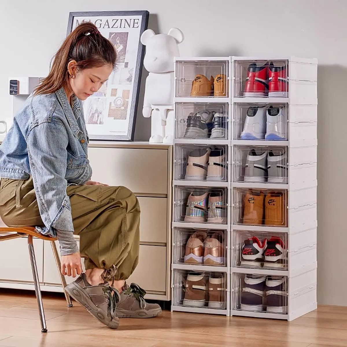Drop Front Shoe Storage Box, No Assembly Stackable Shoe Organizer Storage Bin with Clear Door, Free Standing Shoe Shelf Cabinet with Lid, Plastic Shoe Rack for Closet Entryway, 6-Tier