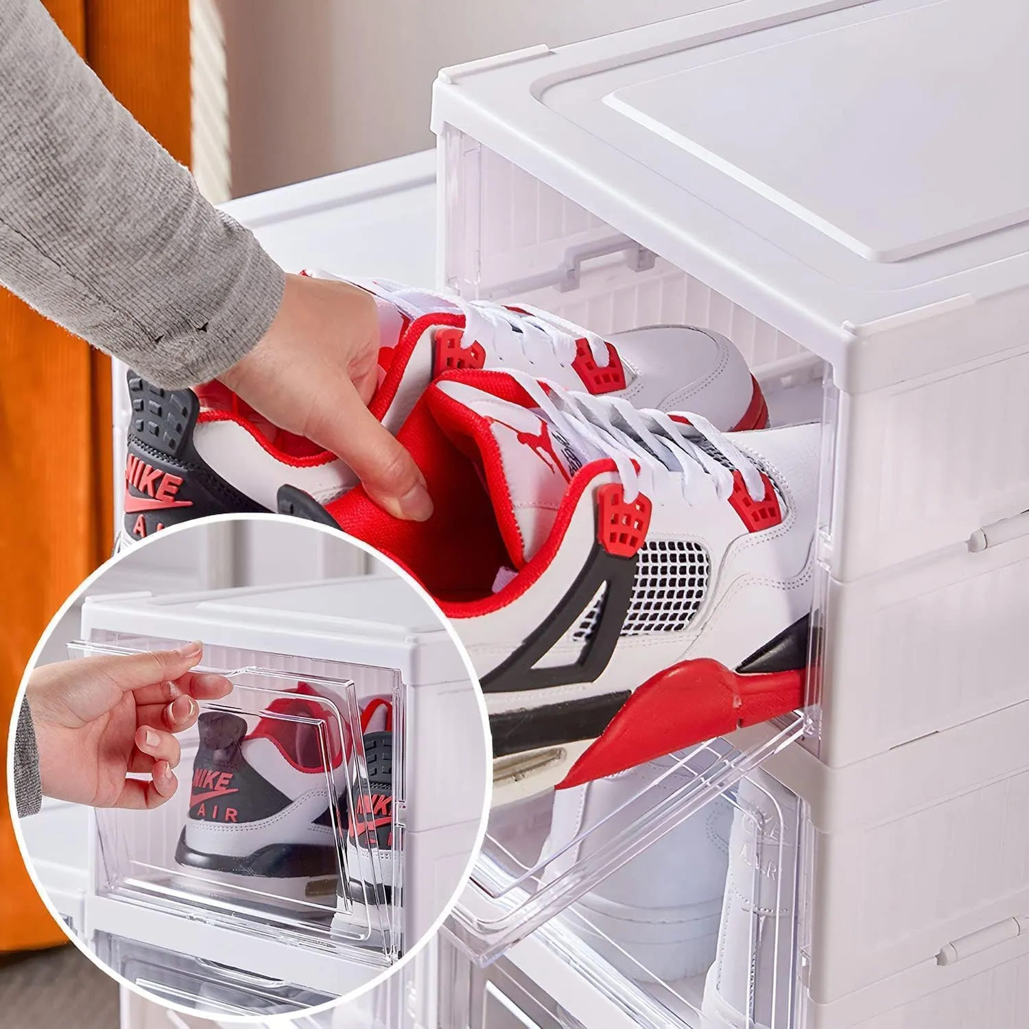 Drop Front Shoe Storage Box, No Assembly Stackable Shoe Organizer Storage Bin with Clear Door, Free Standing Shoe Shelf Cabinet with Lid, Plastic Shoe Rack for Closet Entryway, 6-Tier