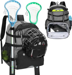 DSLEAF Lacrosse Bag With Stick Holder, Backpack With External Buckle Straps to Fix Helmet, Separate Shoe Space and Other Field Hockey Equipment (Patent Design)