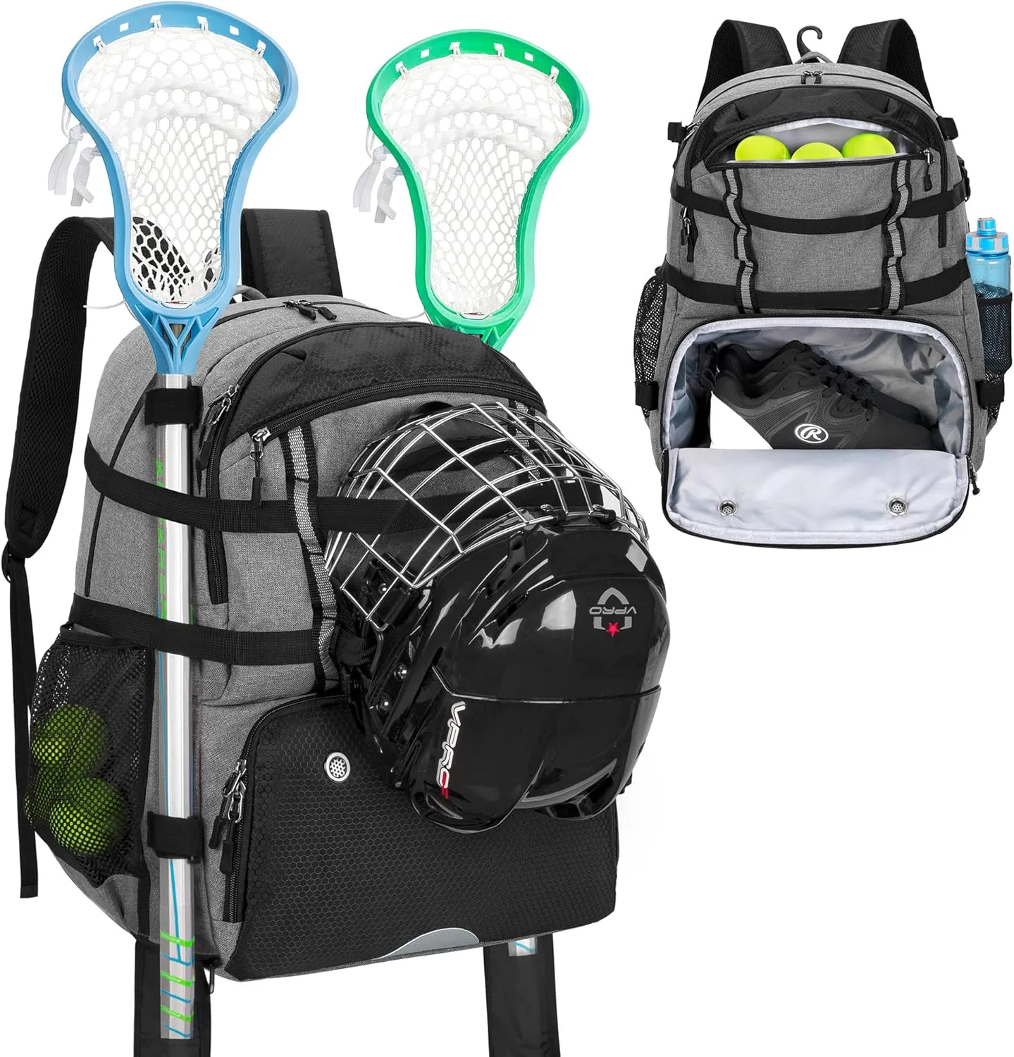 DSLEAF Lacrosse Bag With Stick Holder, Backpack With External Buckle Straps to Fix Helmet, Separate Shoe Space and Other Field Hockey Equipment (Patent Design)
