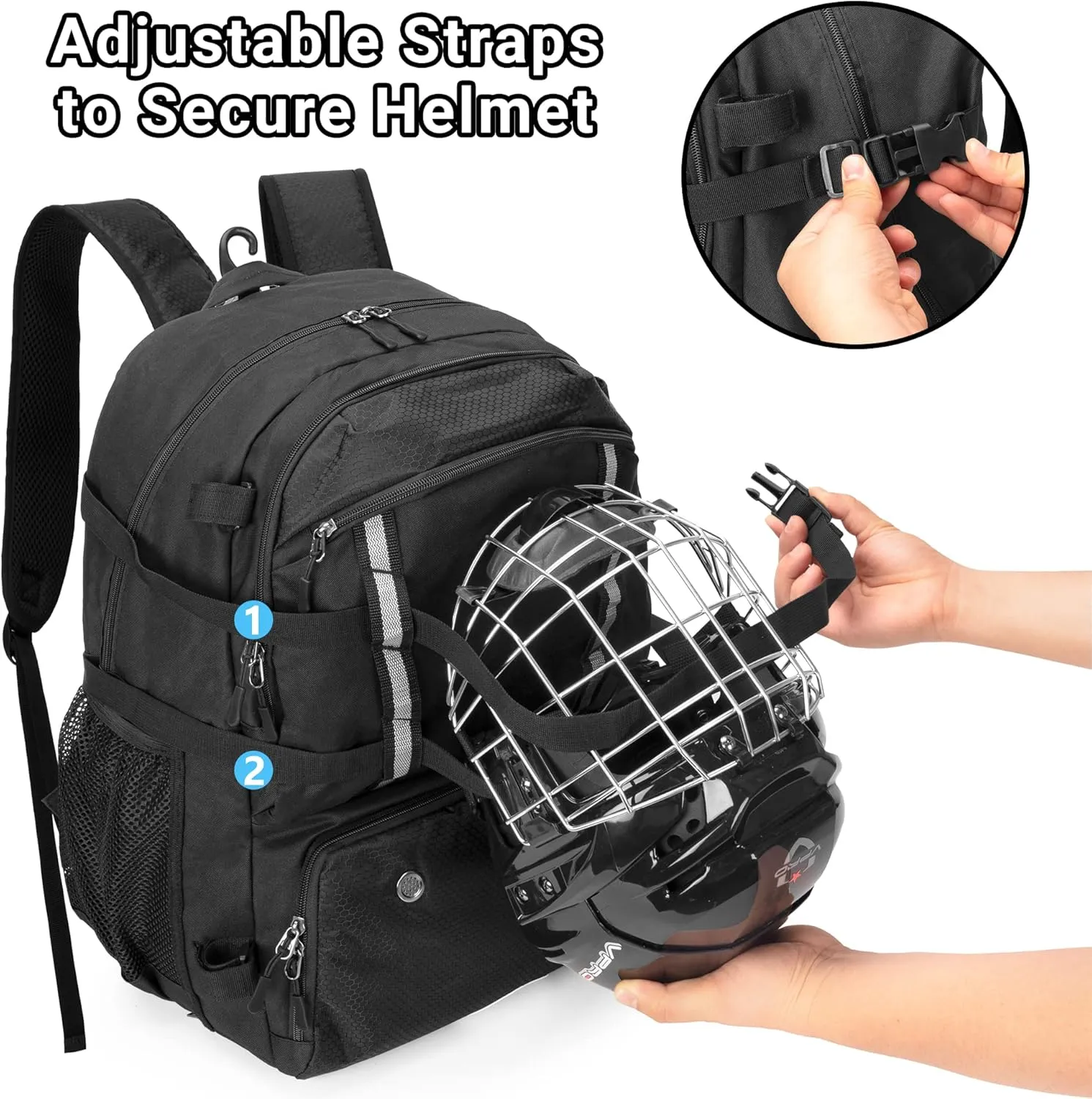 DSLEAF Lacrosse Bag With Stick Holder, Backpack With External Buckle Straps to Fix Helmet, Separate Shoe Space and Other Field Hockey Equipment (Patent Design)